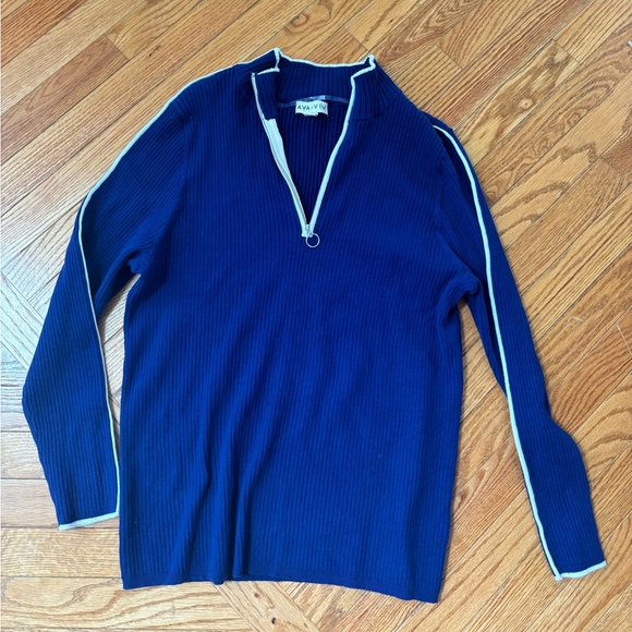 Ava & Viv Mock Neck Knit Pullover Quarter Zip Sweater Blue + Piping - Picture 3 of 5